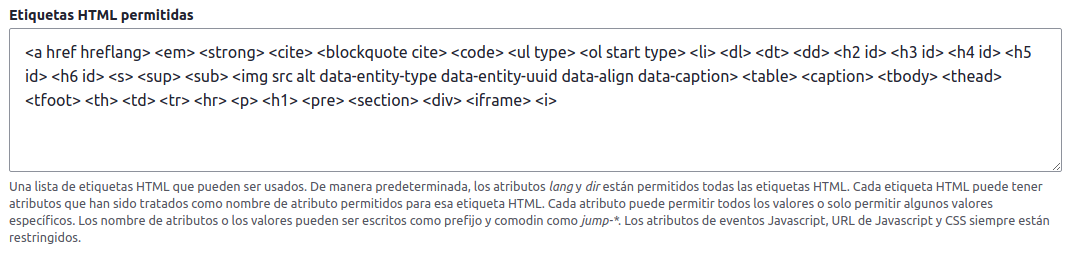 Reglas de filtrado de HTML en un Editor de Drupal 8